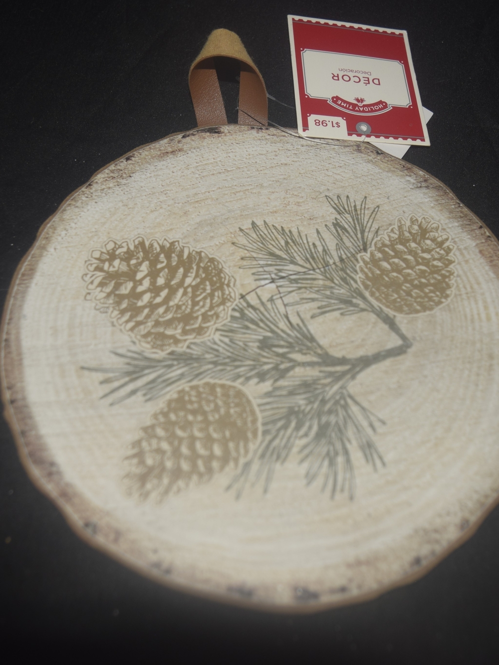 Holiday Time Wood Slice Ornament with Pinecone Print - Tan, Green, Brown